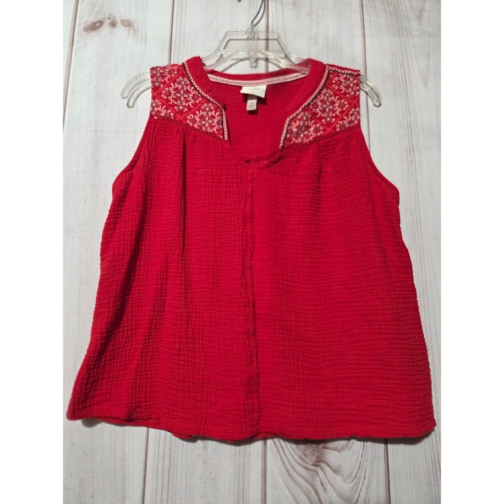 Knox Rose Red Gauze Embroidered Boho V-Neck Sleeveless Top Blouse Womens Medium